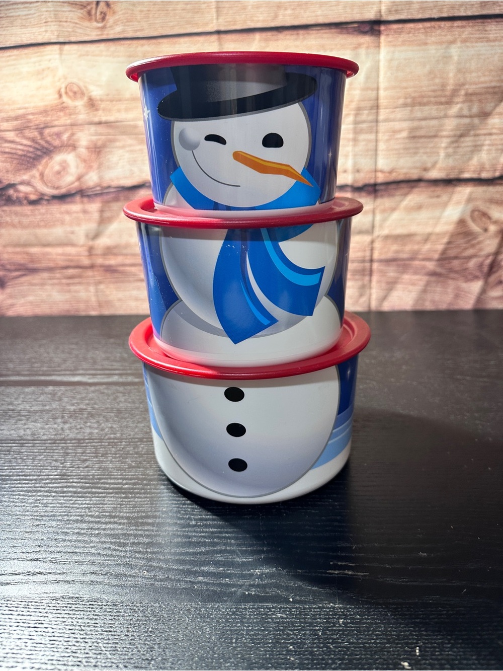 Tupperware Christmas Santa Claus Stacking Snowman 3 Piece One Touch Canister Set